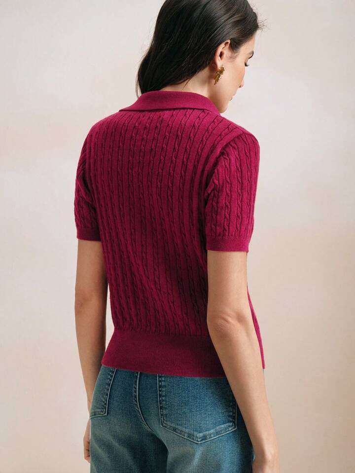 CM-TS647963 Women Casual Seoul Style Polo Collar Short Sleeve Cable Knit Solid Color Top - Burgundy
