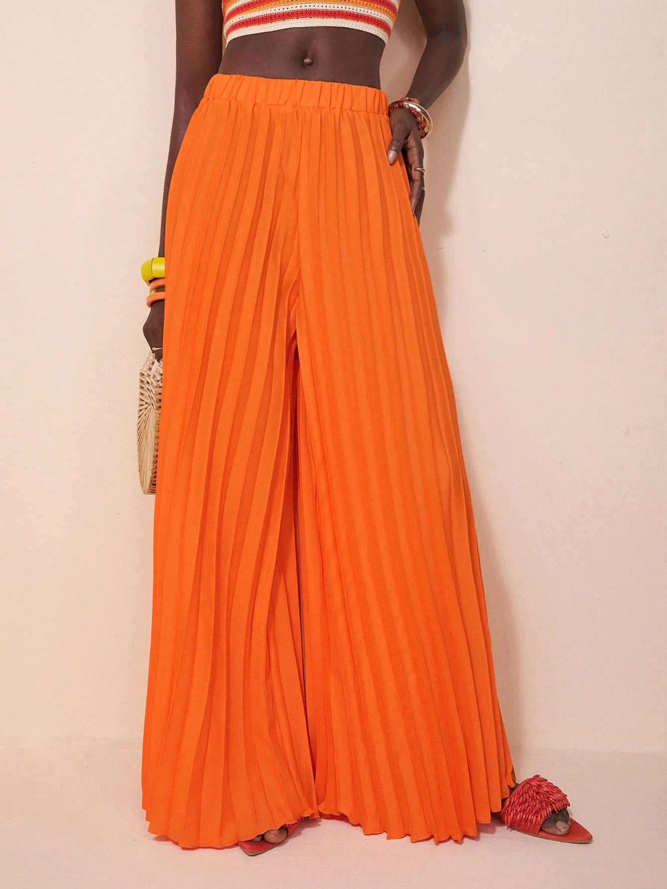 CM-BS882688 Women Trendy Bohemian Style Elastic Waist Pleated Large Hem Extra Long Wide Leg Pants - Orange