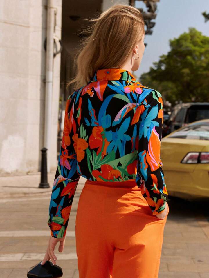 CM-TS171016 Women Casual Seoul Style Floral Printed Button Front Long Sleeve Shirt