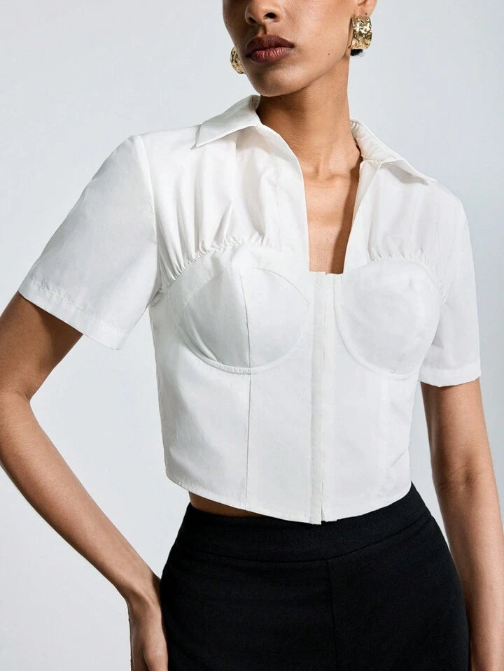 CM-TS191209 Women Casual Seoul Style Collar Neckline Pleated Short Sleeve Shirt - White