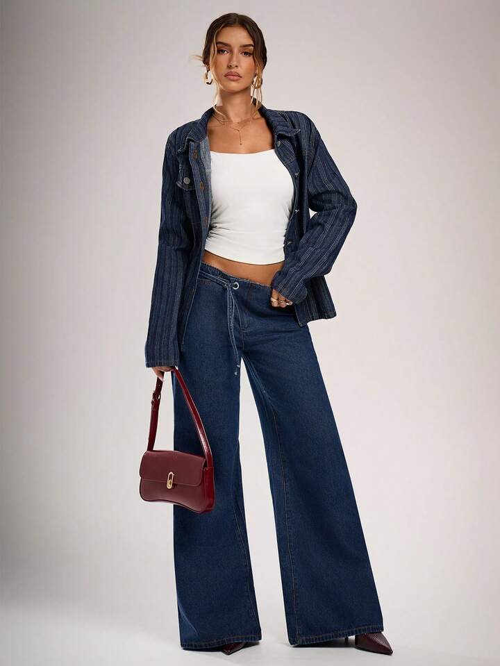 CM-CS338152 Women Casual Seoul Style Dark Wash Striped Collar Neckline Long Sleeve Denim Jacket