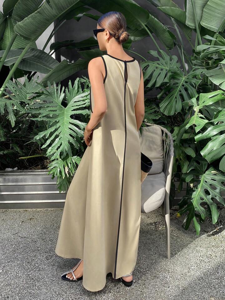 CM-DS359193 Women Casual Seoul Style Color-Conflicting Panels Sleeveless Loose Long Dress - Apricot