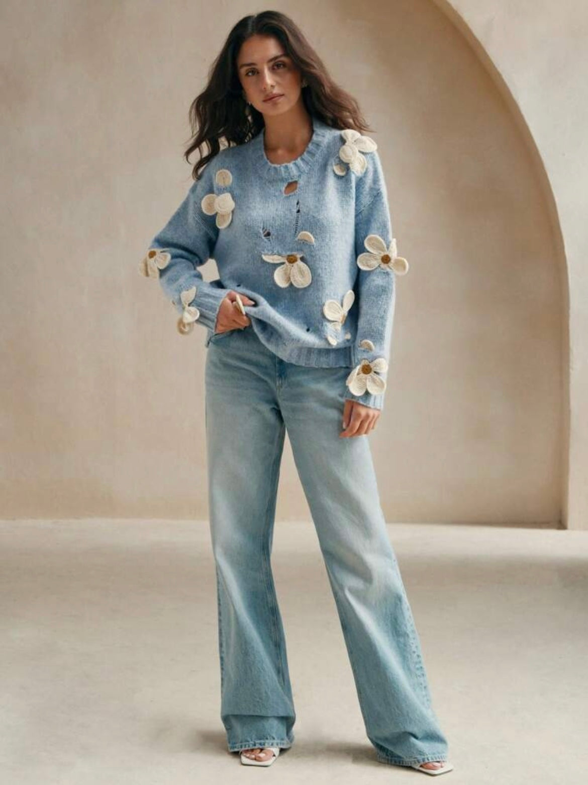 CM-CS411147 Women Casual Seoul Style Round Neck Crochet 3D Floral Long Sleeve Knitted Sweater