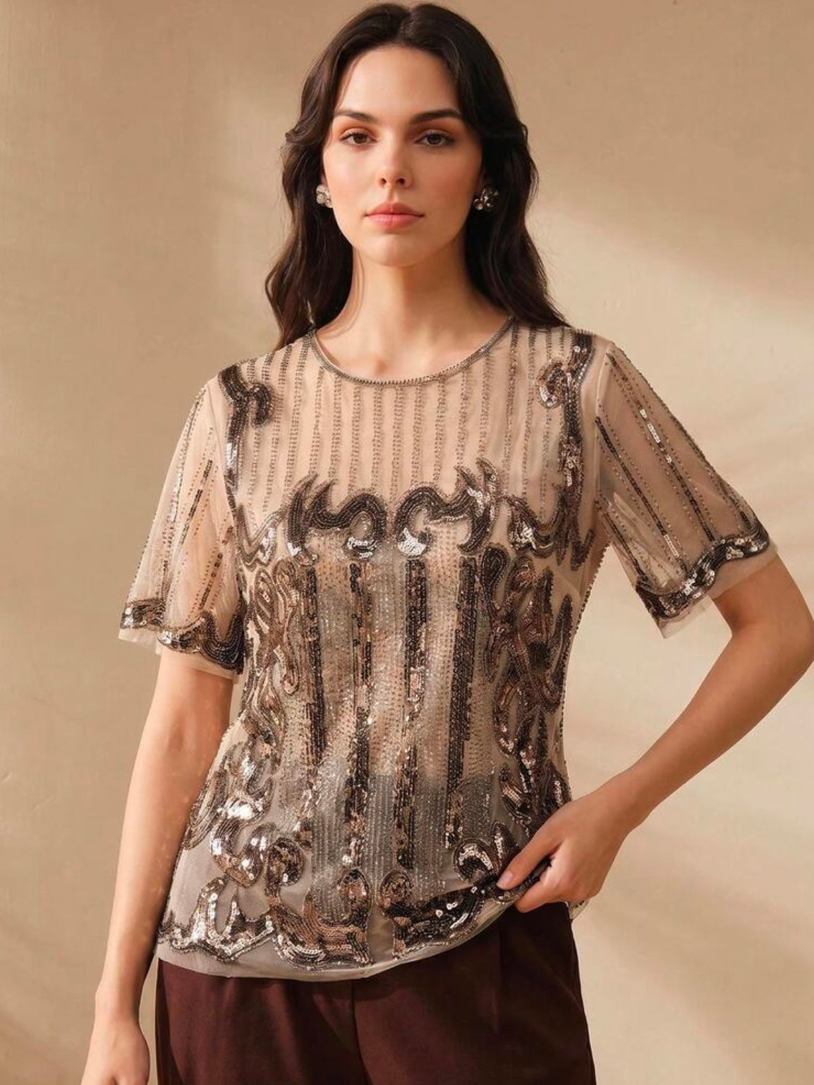 CM-TS017299 Women Elegant Seoul Style Round Neck Short Sleeve Contrast Sequin Patchwork Top - Apricot