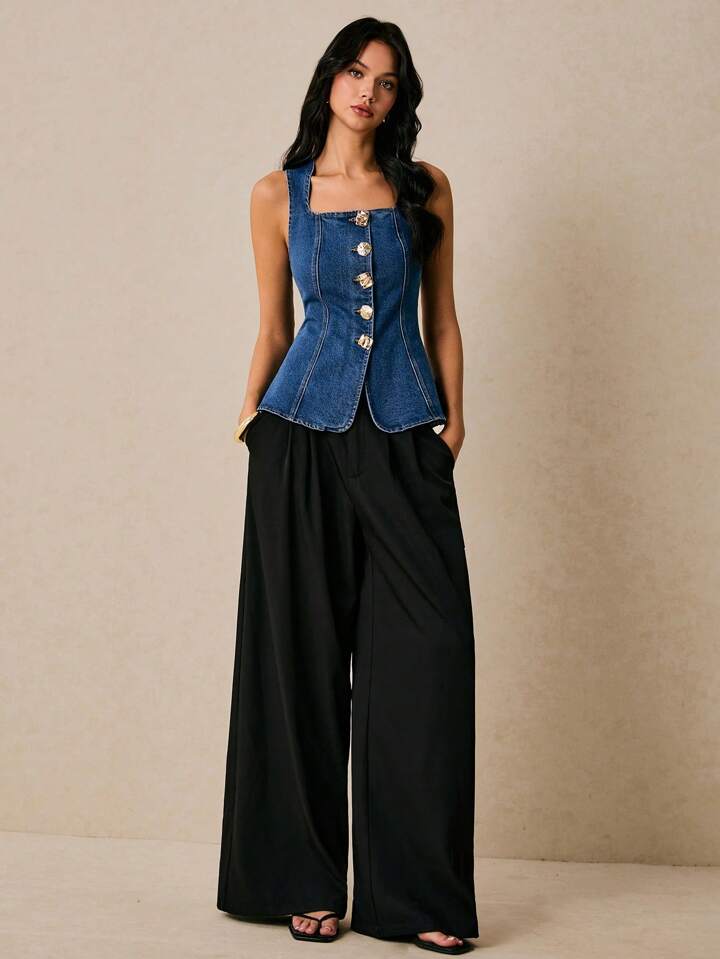 CM-TS555761 Women Casual Seoul Style Dark Wash Square Neck Sleeveless Metal Button Decoration Denim Vest