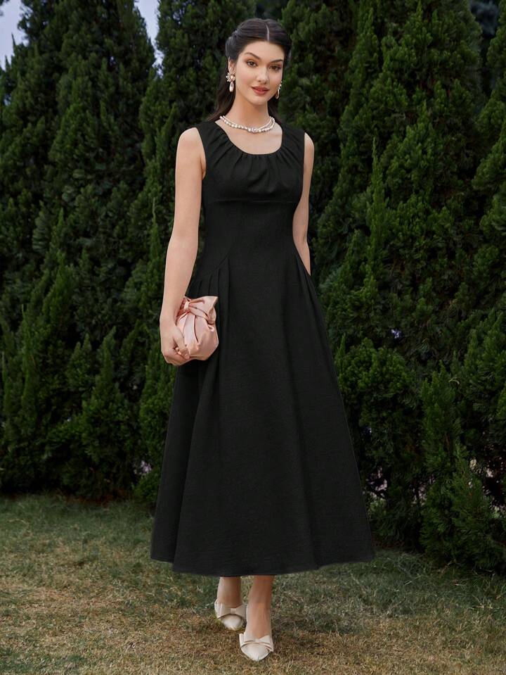 CM-DS541324 Women Elegant Seoul Style Solid Color Sleeveless Pleated A-Line Midi Dress - Black
