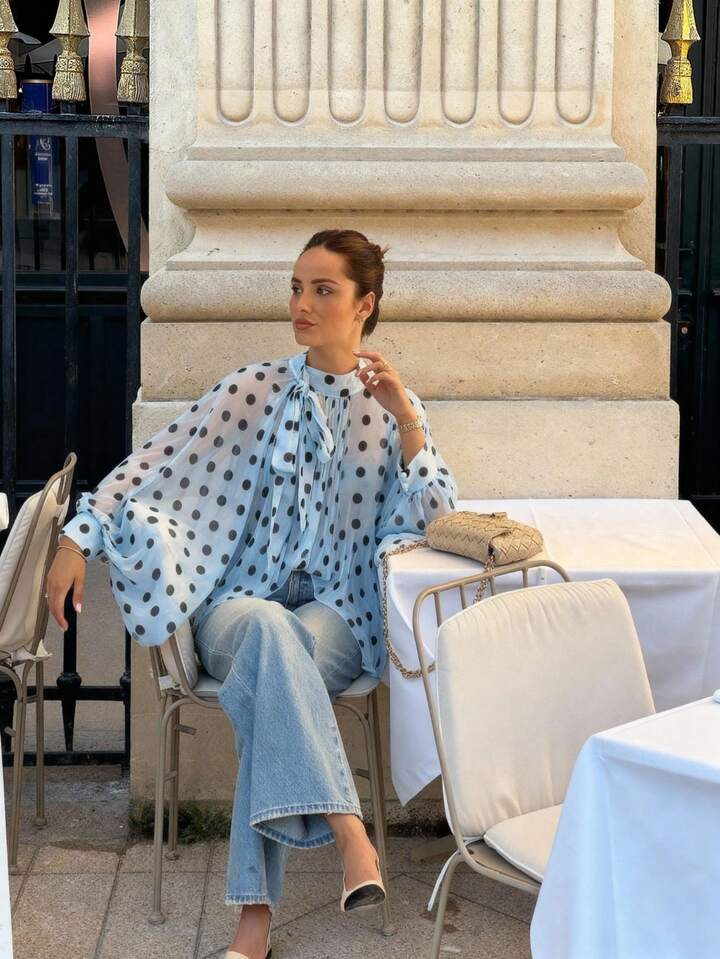 CM-TS433913 Women Elegant Seoul Style Bowknot Lantern Sleeve Polka Dot Pattern Pleated Blouse - Baby Blue