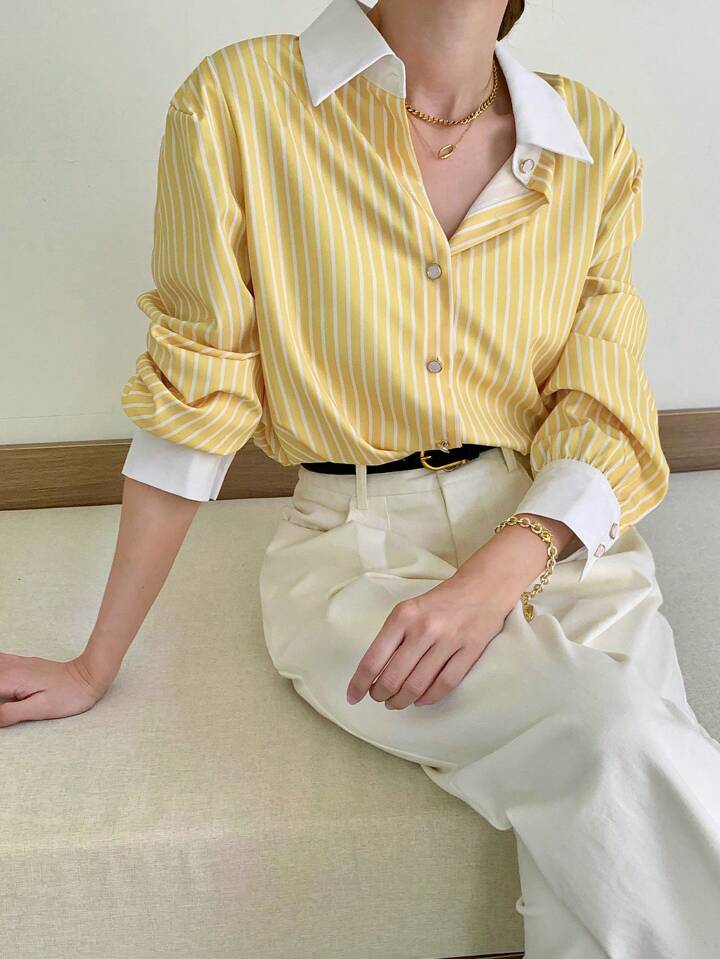 CM-TS674034 Women Casual Seoul Style Striped Button-Up Shirt Collar Long Sleeve Blouse - Yellow