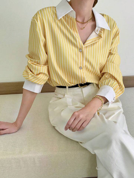 CM-TS674034 Women Casual Seoul Style Striped Button-Up Shirt Collar Long Sleeve Blouse - Yellow