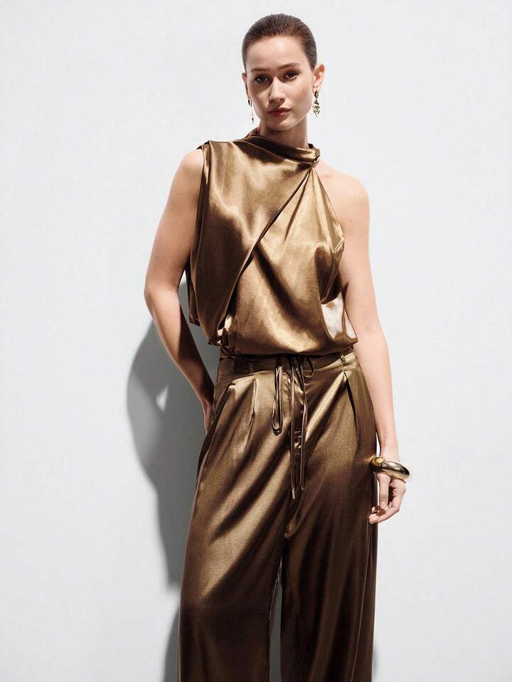 CM-SS263310 Women Elegant Seoul Style Sleeveless Drawstring Vest With Loose Straight Leg Pants - Set