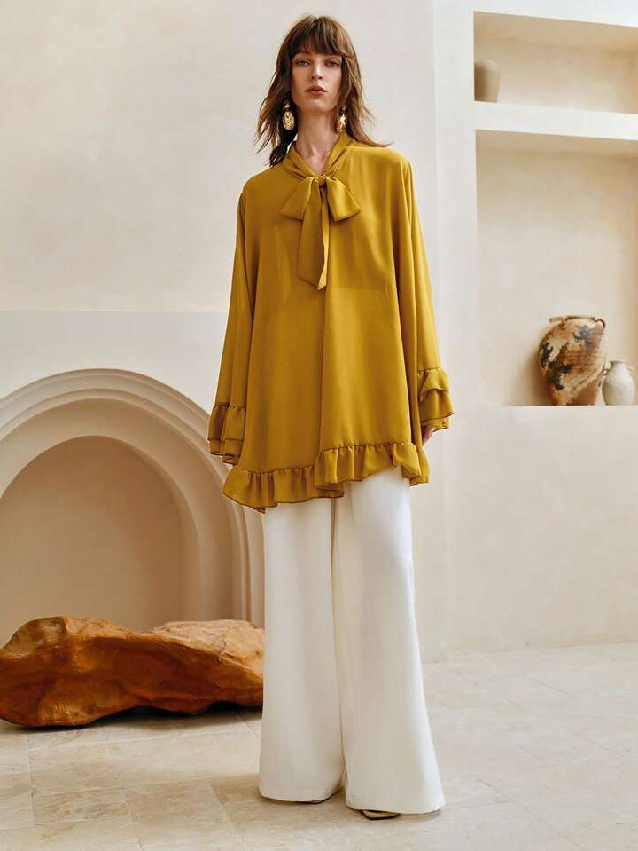 CM-TS466804 Women Elegant Seoul Style Chiffon Ruffle Hem V-Neck Bowknot Long Loose Blouse