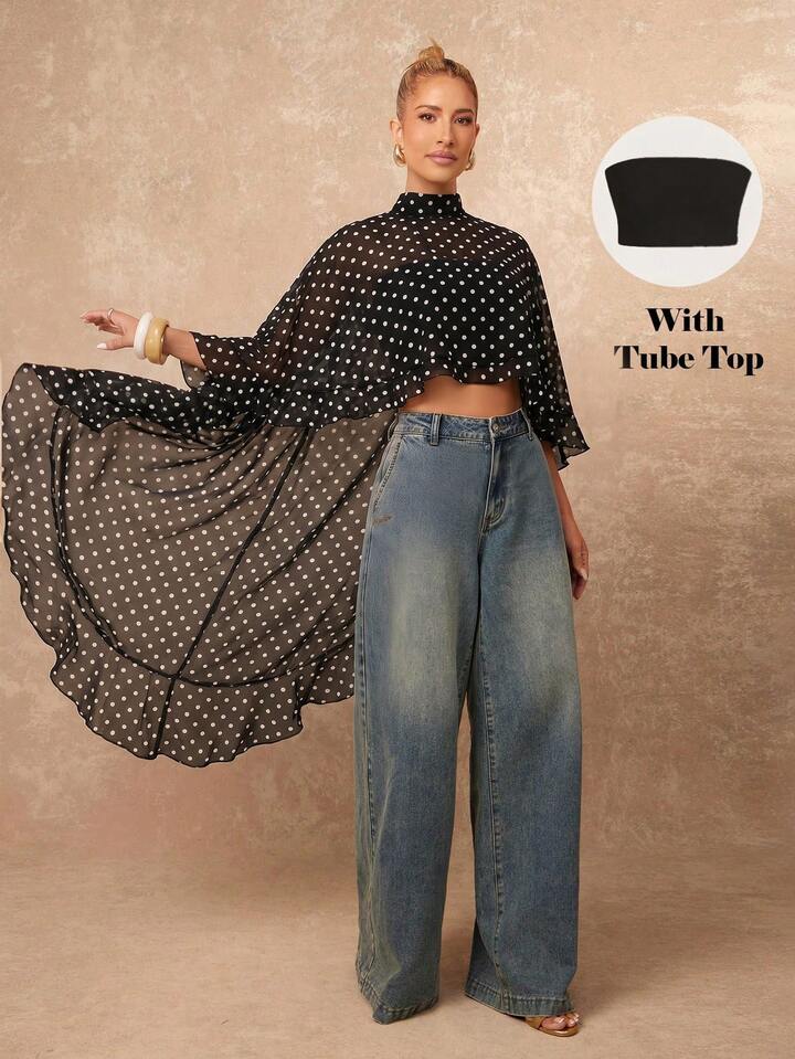 CM-TS405965 Women Casual Seoul Style Asymmetric Ruffle Hem Loose Collar Shawl Blouse - Black