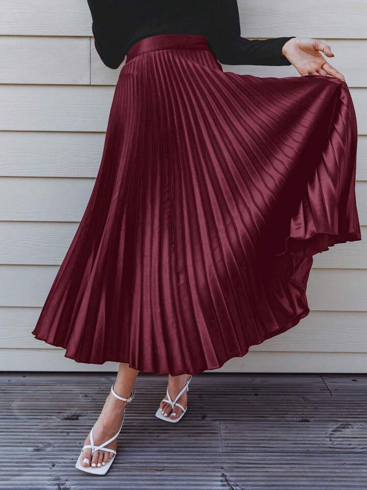 CM-BS018238 Women Elegant Seoul Style High Waist Solid Pleated Skirt - Burgundy