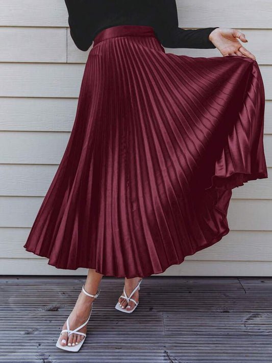 CM-BS018238 Women Elegant Seoul Style High Waist Solid Pleated Skirt - Burgundy