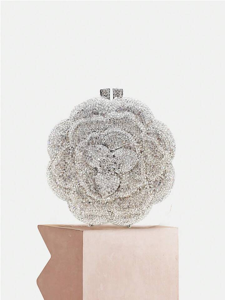 CM-BGS061611 Women Elegant Seoul Style Floral Design Rhinestone Crystal Handmade Clutch Bag - Silver