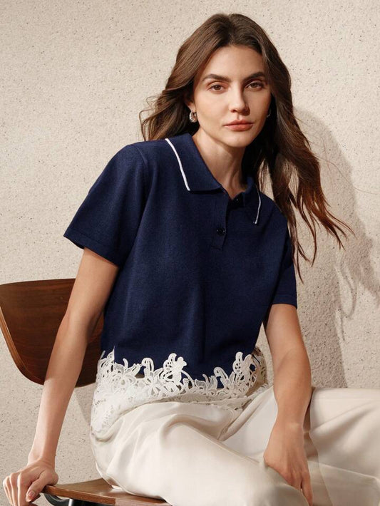 CM-TS844108 Women Casual Seoul Style Polo Collar Colorblock Ruffled Trim T-Shirt - Blue