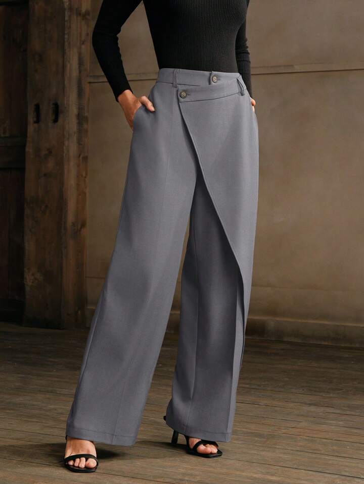 CM-BS305030 Women Elegant Seoul Style Asymmetrical Draping Cross-Wrap Pockets Straight-Leg Pants - Light Gray