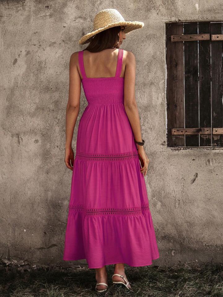 CM-DS405750 Women Trendy Bohemian Style Monochrome Lace Patchwork Suspender Dress - Hot Pink