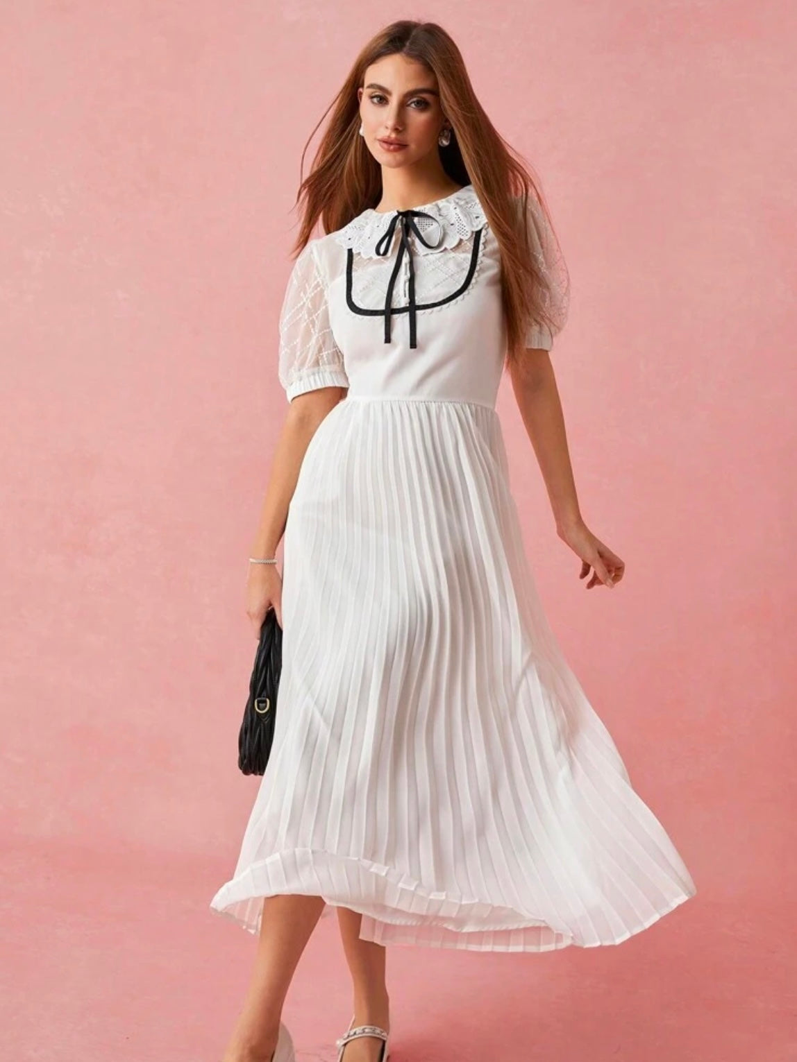 CM-DS192679 Women Elegant Seoul Style Tie Neck Bowknot Floral Lace Puff Sleeves Pleated Hem Long Dress - White
