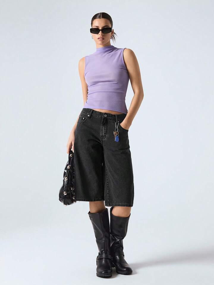 CM-BS668271 Women Casual Seoul Style Drop Waist Loose Denim Shorts - Black