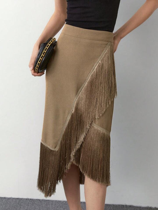 CM-BS733235 Women Trendy Bohemian Style Patchwork Tassel Knitted Skirt - Mocha Brown