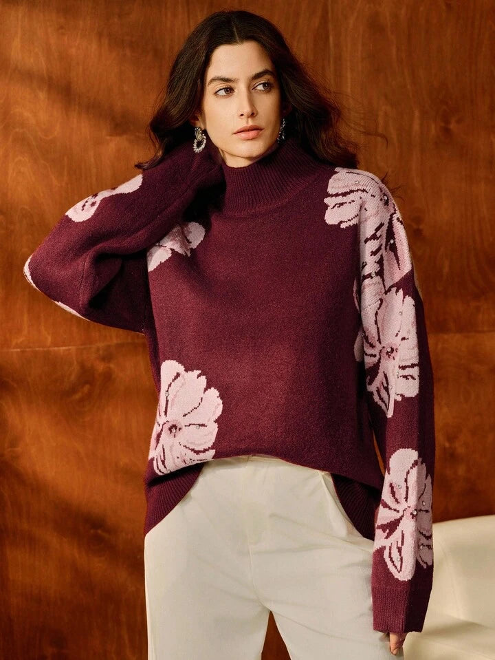 CM-CS981423 Women Casual Seoul Style Stand Collar Long Sleeve Floral Rhinestone Embellished Sweater