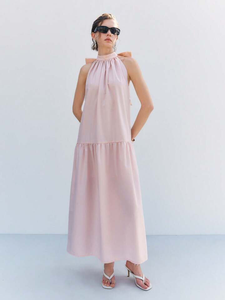 CM-DS178358 Women Casual Seoul Style Tie-Up Halter Sleeveless A-Line Pleated Hem Long Dress - Baby Pink