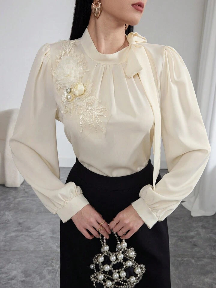CM-TS625563 Women Casual Seoul Style Satin Applique Tie Shoulder Long Sleeve Blouse - Apricot