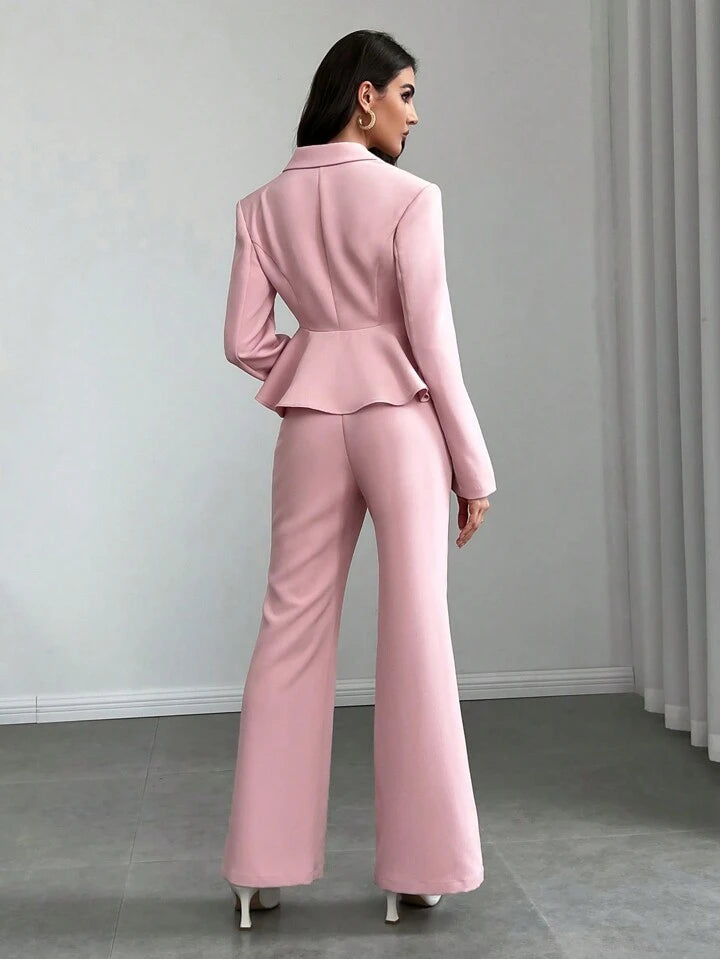 CM-SS888855 Women Elegant Seoul Style Lapel Neckline Asymmetrical Long Sleeve Blazer With Long Pant Suit - Baby Pink