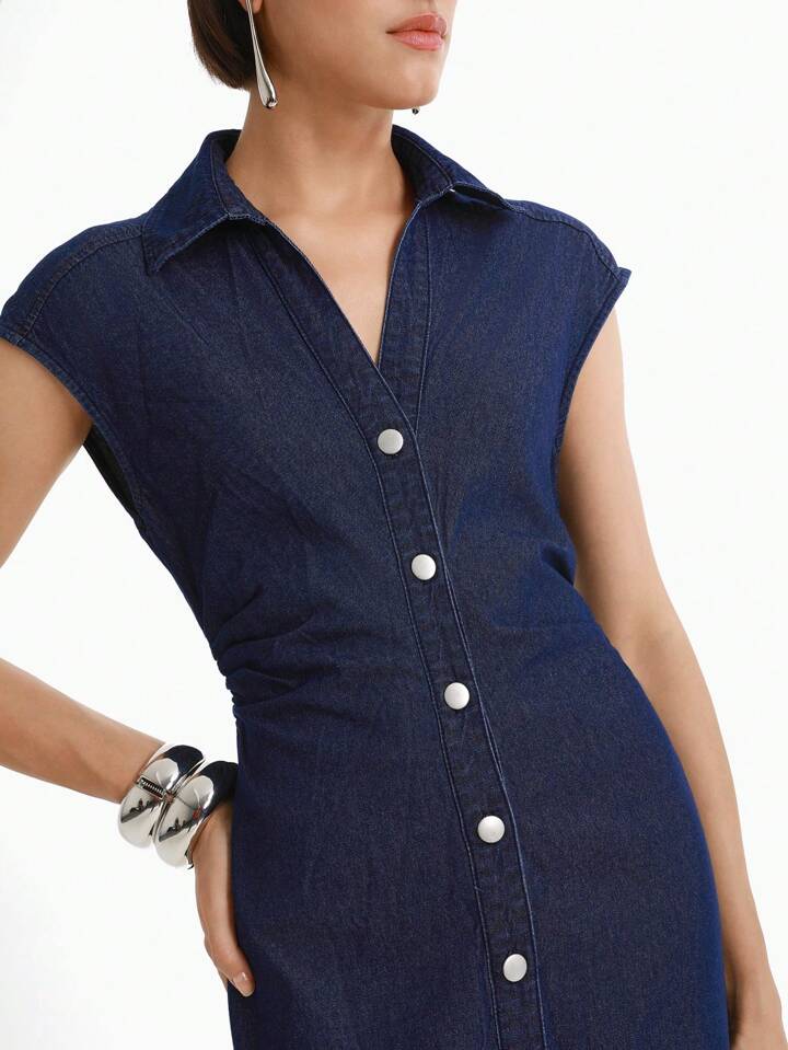 CM-DS021713 Women Casual Seoul Style Dark Wash Collar Neckline Sleeveless Lapel Straight Denim Dress