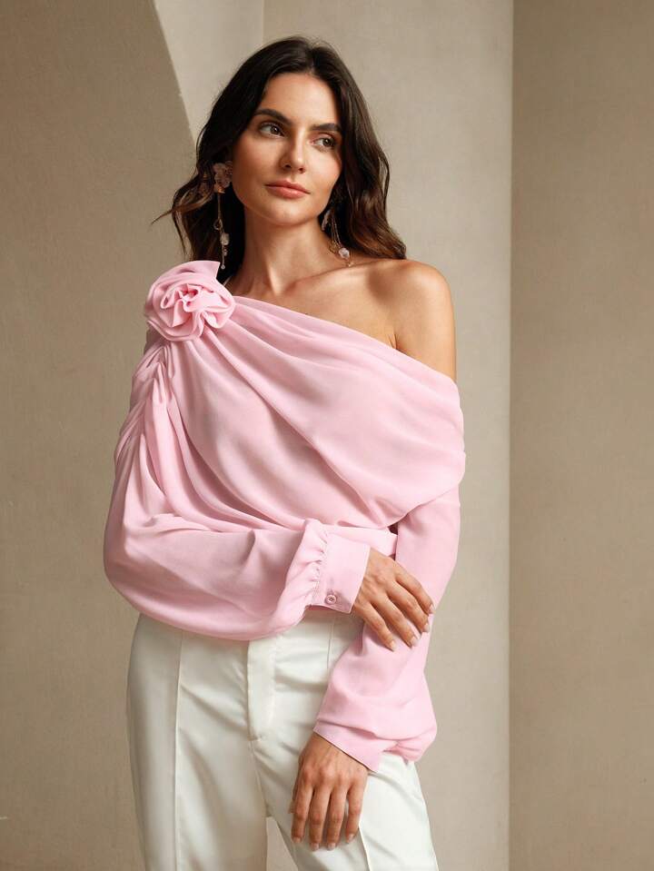 CM-TS898866 Women Elegant Seoul Style Off the Shoulder 3D Floral Decoration Blouse - Baby Pink
