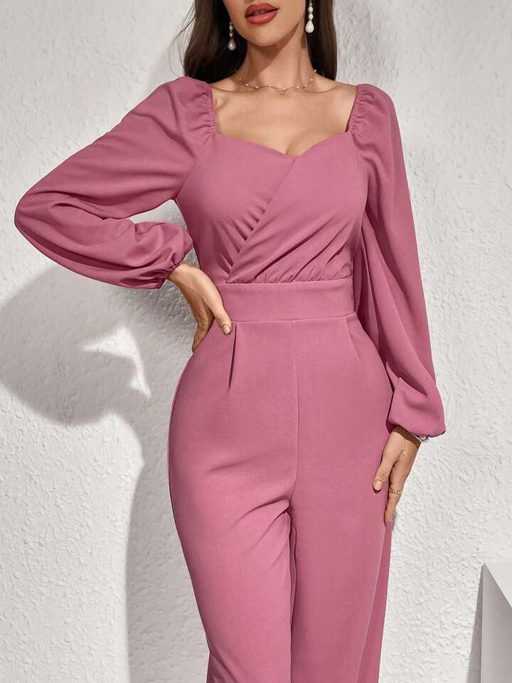 CM-JS298299 Women Elegant Seoul Style High Neck Lantern Sleeve Jumpsuit - Pink