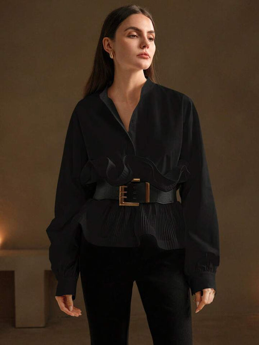 CM-TS065109 Women Elegant Seoul Style Waisted Multilayer Ruffle Hem Loose Blouse - Black