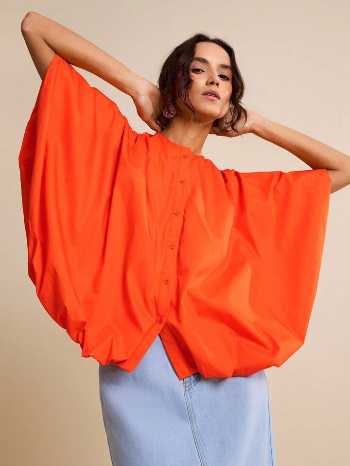 CM-TS752915 Women Casual Seoul Style Loose Cardigan Collar Batwing Sleeve Oversized Shirt - Orange