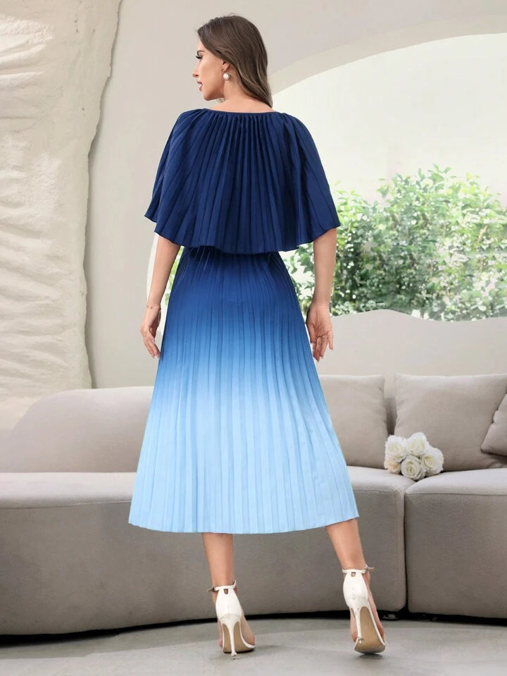 CM-DS550959 Women Elegant Seoul Style Gradient Color Pleated Round Neck Long Dress - Blue
