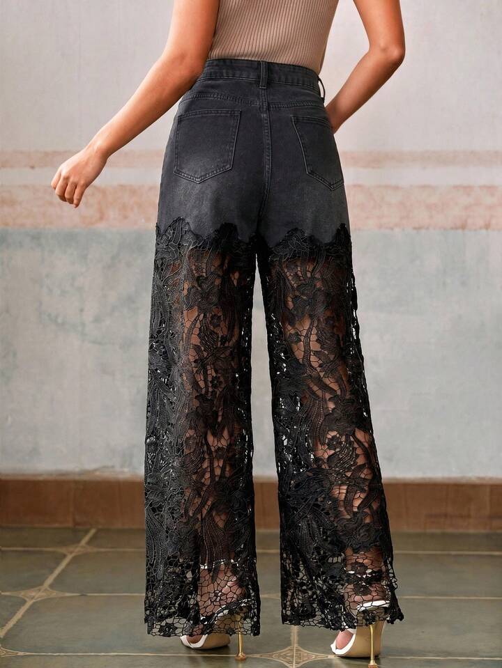 CM-BS979972 Women Elegant Seoul Style Mid Waist Lace Rhinestone Straight Leg Pants - Black