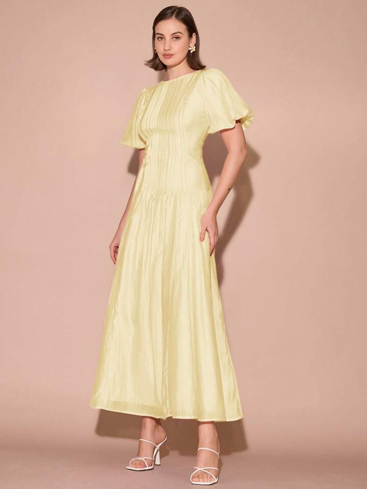 CM-DS122255 Women Elegant Seoul Style Round Neck Bubble Pleat Puff Long Sleeve Maxi Dress - Yellow