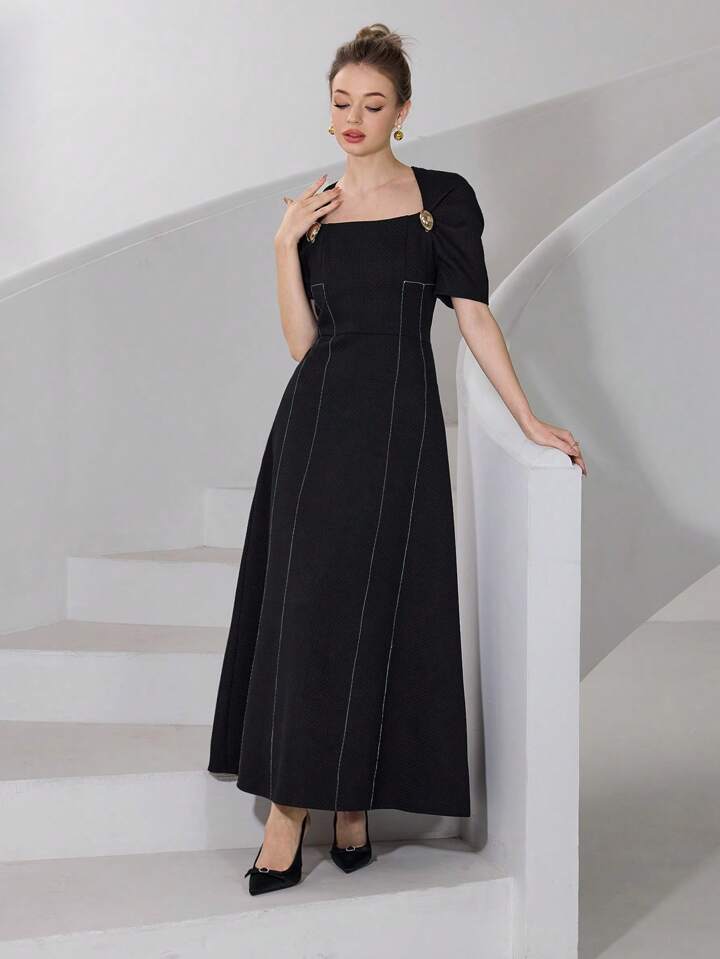 CM-DS920740 Women Casual Seoul Style Square Neck Puff Sleeve High Waist Long Dress - Black