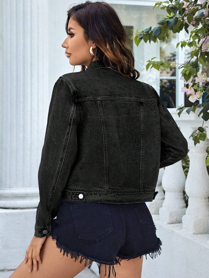 CM-CS912704 Women Casual Seoul Style Collar Neckline Long Sleeve Ripped Denim Jacket - Black
