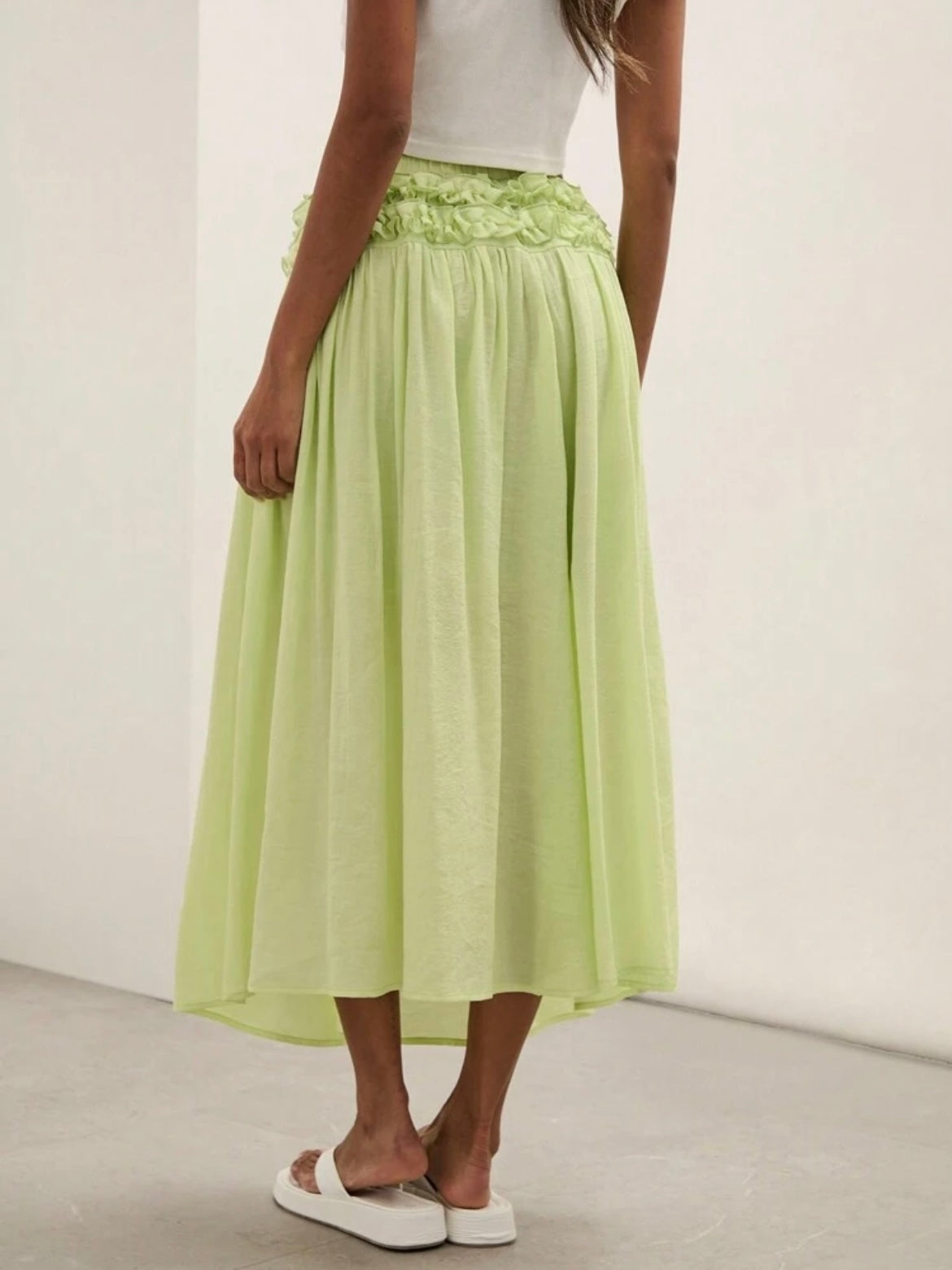 CM-BS715664 Women Trendy Bohemian Style Plain Minimalist Frill Trim Skirt - Lime Green