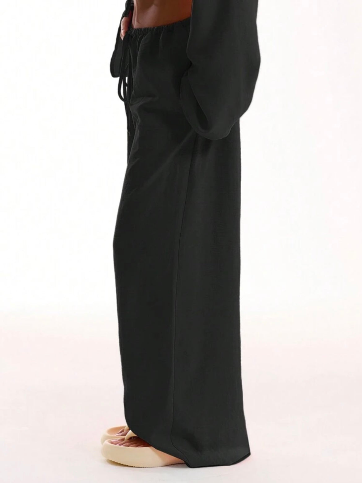 CM-BS676282 Women Trendy Bohemian Style Tie Front Linen Feel Beach Trouser - Black