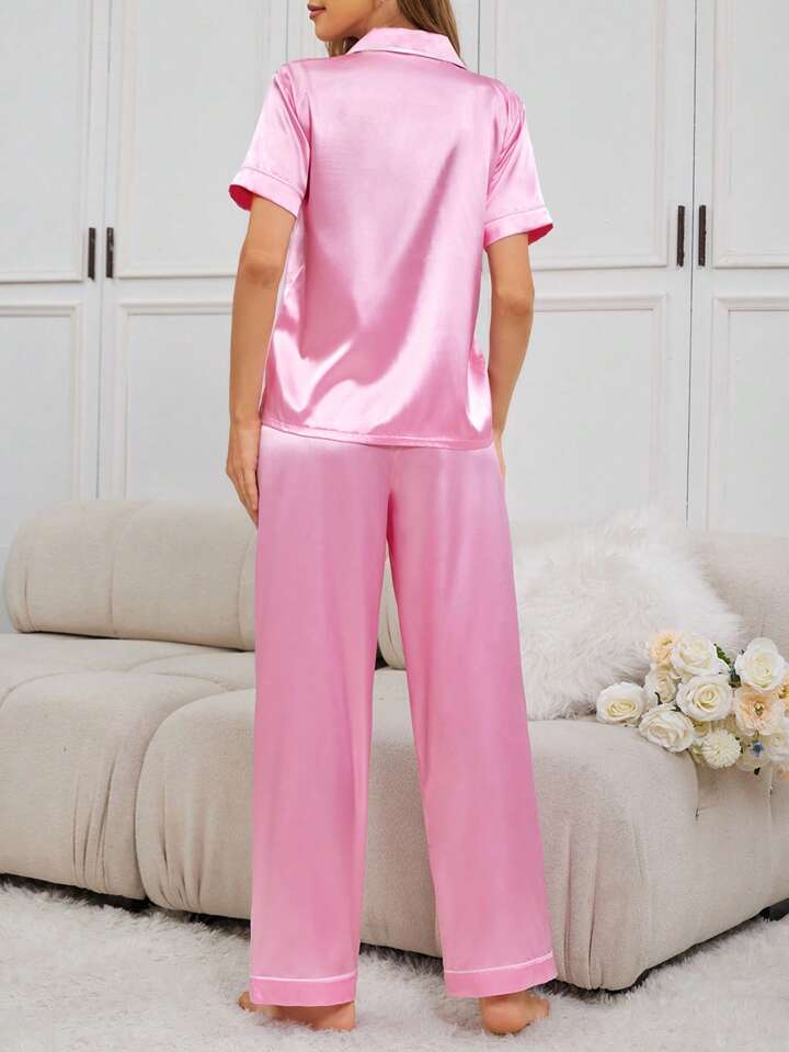 CM-LS336745 Women Trendy Seoul Style Color Block Turn-Down Collar Short Sleeve Shirt With Pants Pajama Set