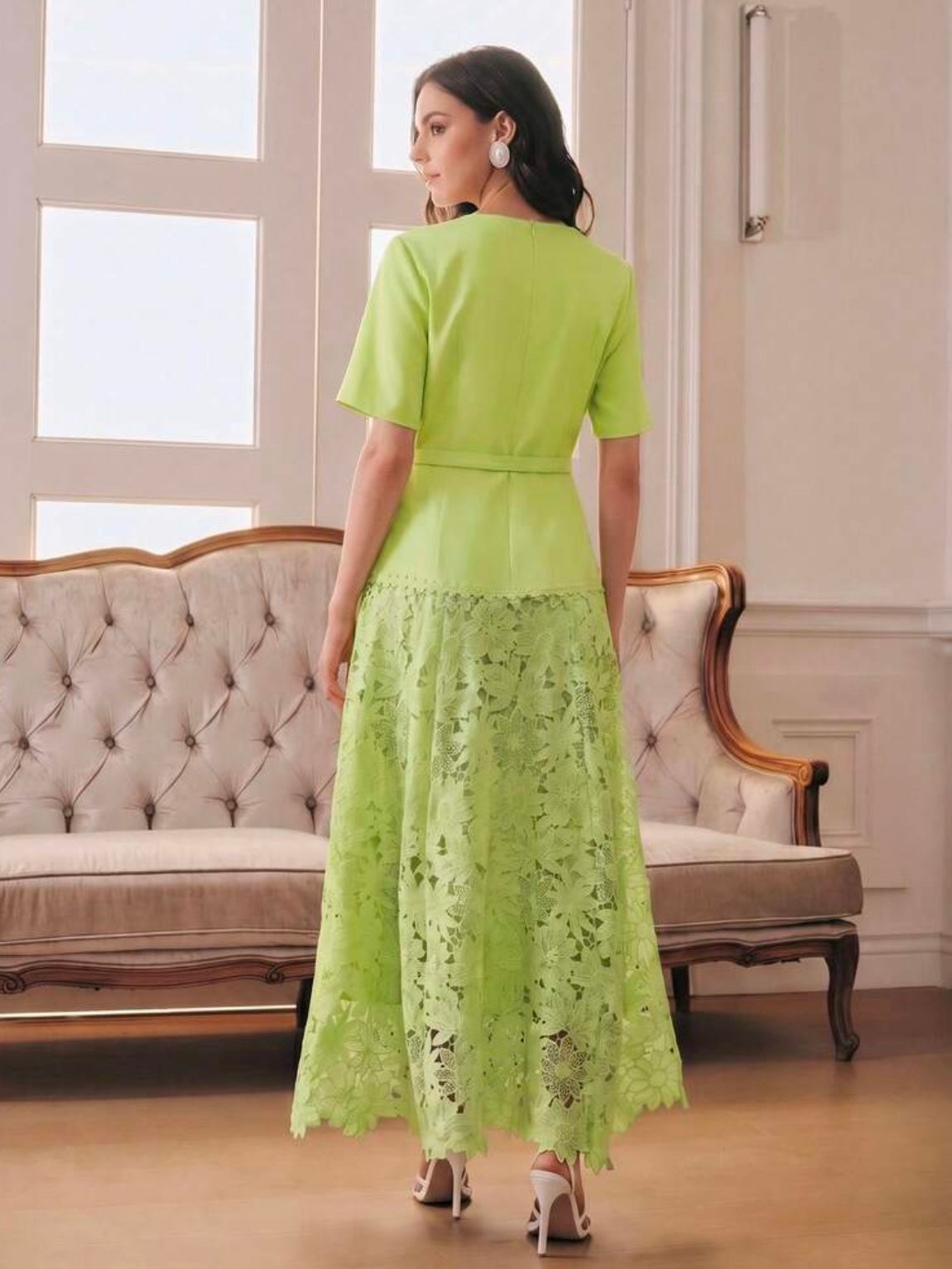 CM-DS406854 Women Elegant Seoul Style Round Neck Short Sleeve Water-Soluble Lace Patchwork A-Line Dress - Green