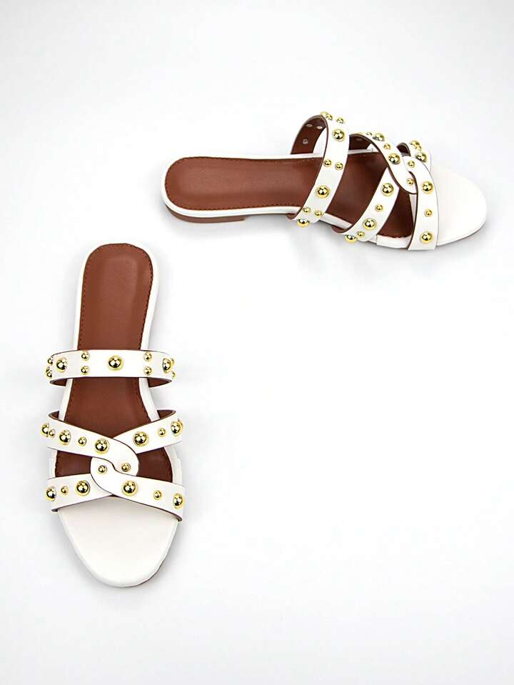 CM-SHS555173 Women Trendy Seoul Style Gold Rivet Decor Cutout PU Contrast Edged Round Toe Slip-On Flat Sandals