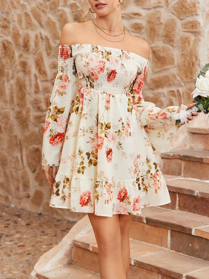 CM-DS394493 Women Trendy Bohemian Style Off Shoulder Romantic Floral Long Sleeve Dress