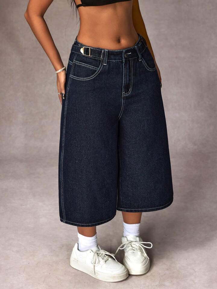 CM-BS097273 Women Casual Seoul Style Pocketed Wide Leg Loose Capri Denim Jeans - Blue