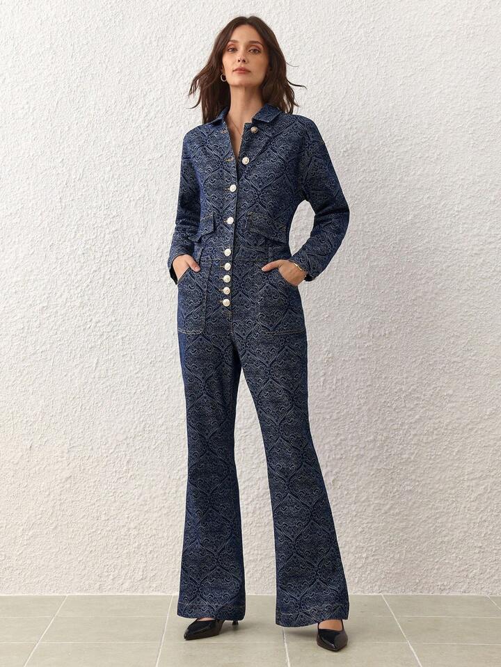 CM-JS528662 Women Elegant Seoul Style Dark Wash Collar Neckline All-Over Print Front Button Long Sleeve Denim Jumpsuit