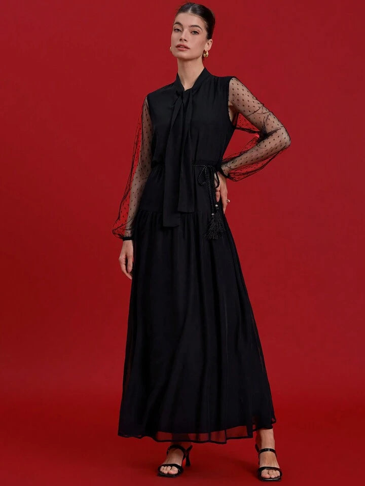 CM-DS100052 Women Elegant Seoul Style Patchwork Polka Dot Mesh Tassel Decor Bow Tie Detail Long Dress