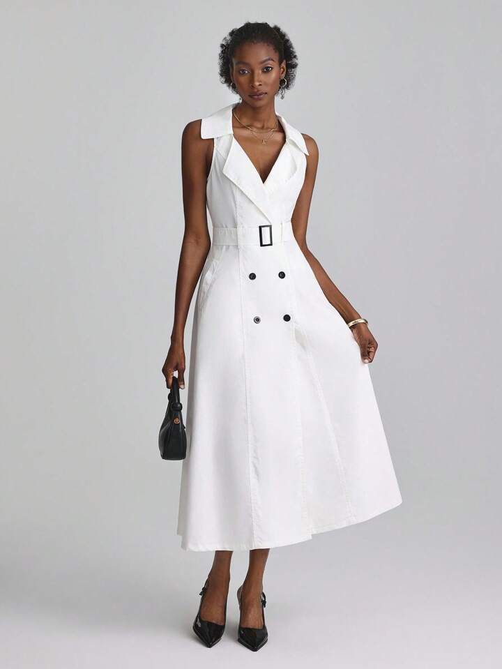 CM-DS483954 Women Elegant Seoul Style Lapel Neckline Double-Breasted Sleeveless Denim Dress