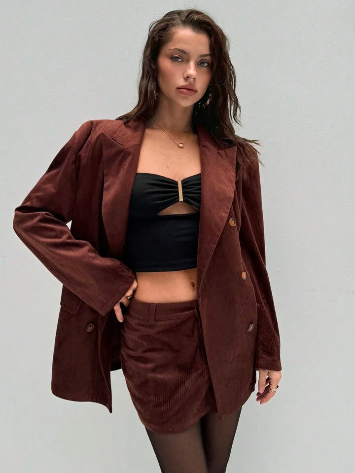 CM-SS170016 Women Elegant Seoul Style Lapel Neckline Corduroy Long Sleeve Oversize Blazer With Skirt - Set